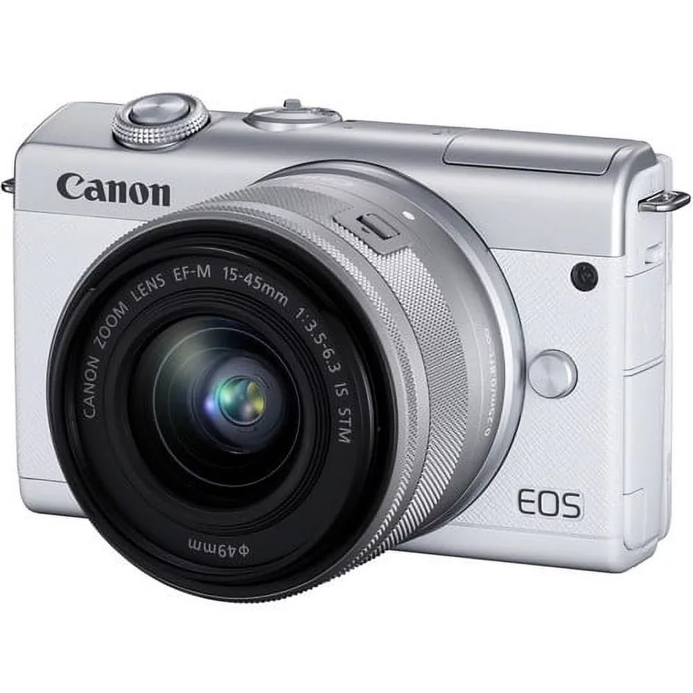 EOS M200 Mirrorless Digital Camera with 15-45mm Lens (White) Kit with Spare Battery + 2x 64GB Memory Cards + Tripod + More